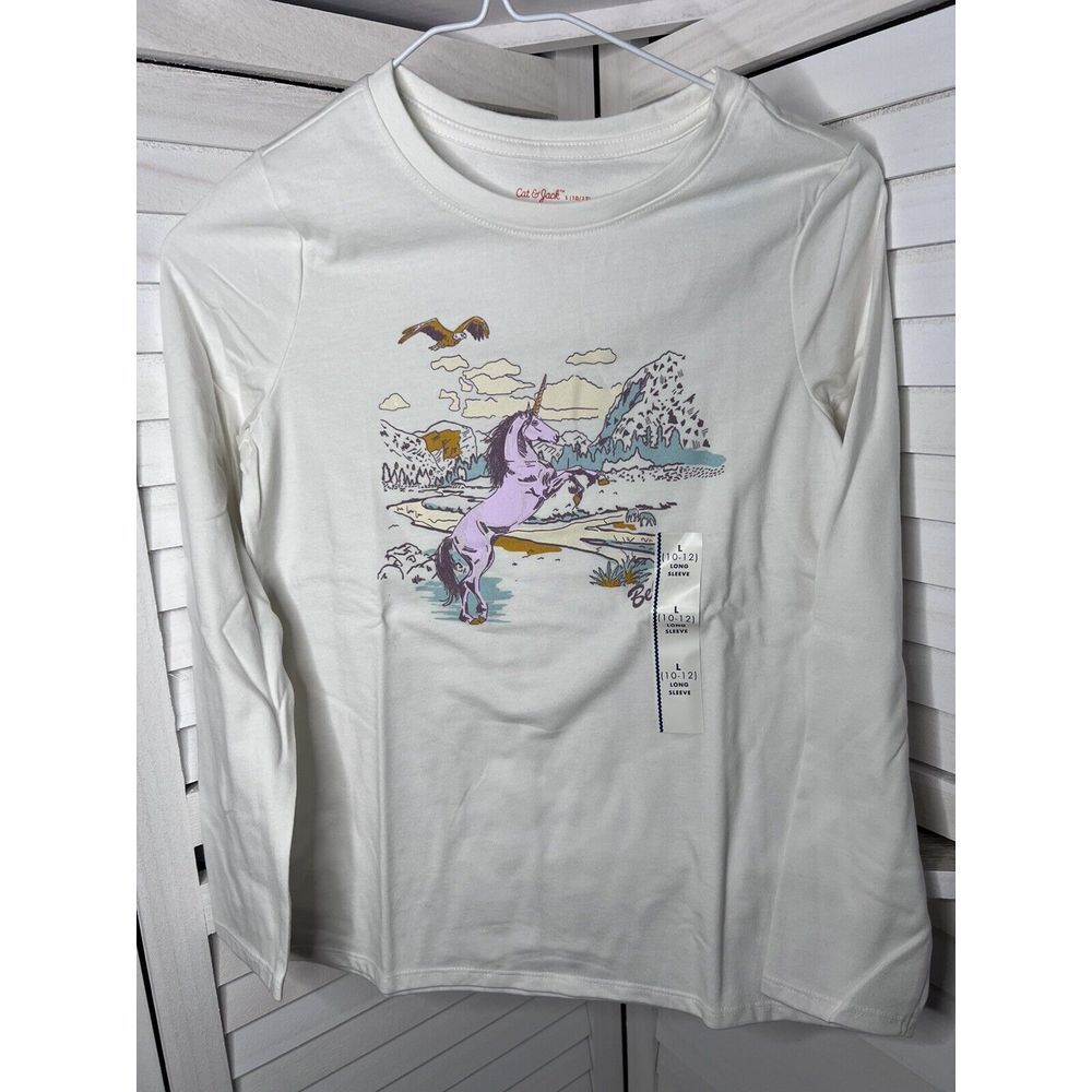 Cat & Jack Kids Long Sleeve Unicorn Graphic Tee Cream Size L (10-12) NWT